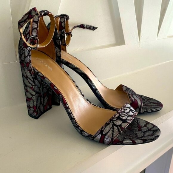 Merona Shoes - Merona Lulu Burgundy & Silver Floral Brocade Block Heel Sandal Shoes 11